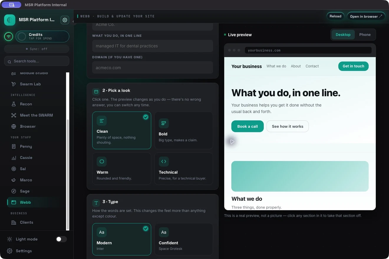 Webb’s actual controls and concept preview. Preview copy is sample content.